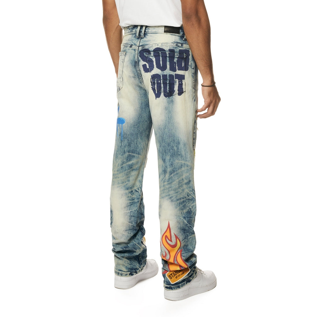 Smoke Rise Multi Embroidered Patched Retro Denim Jeans - Metro Blue