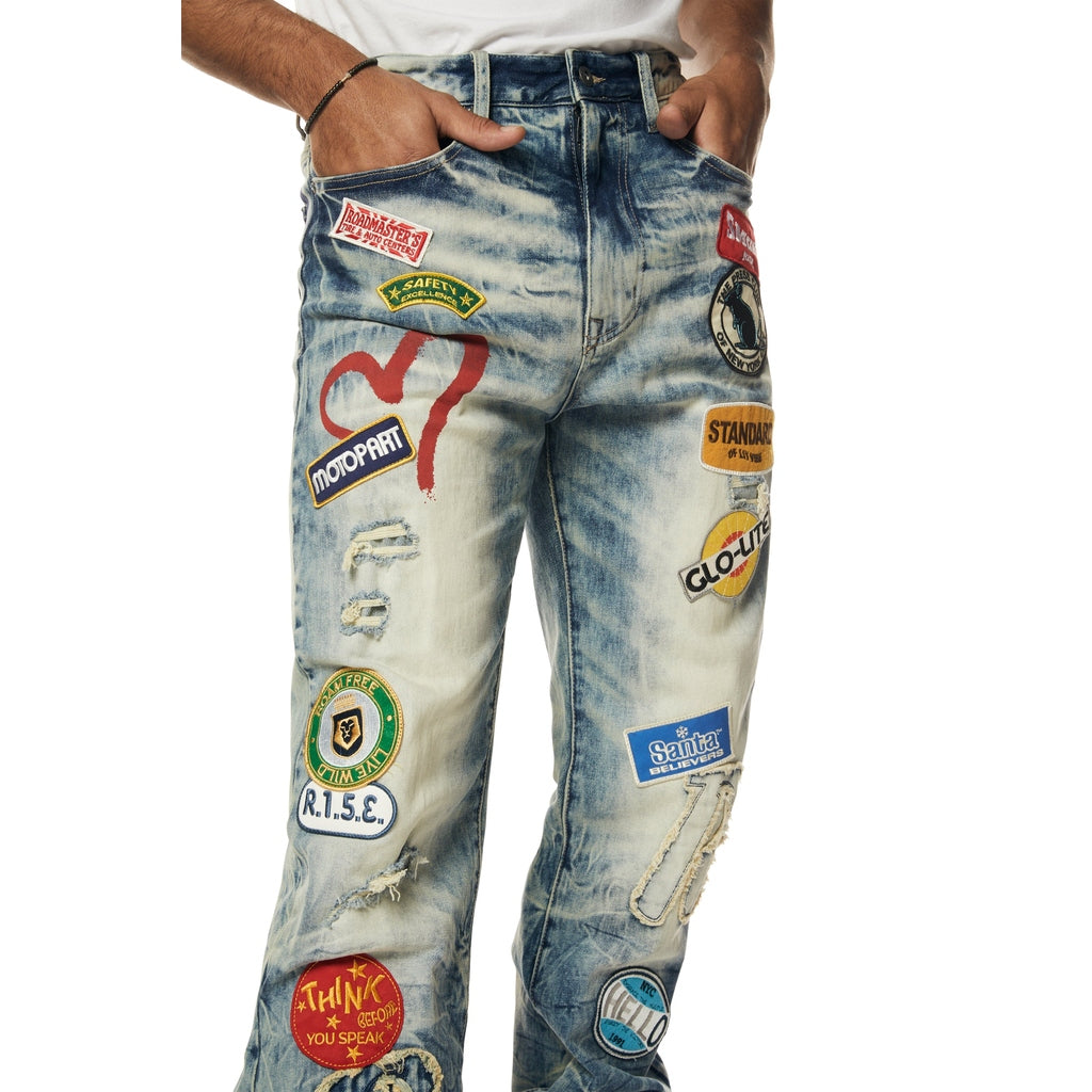 Smoke Rise Multi Embroidered Patched Retro Denim Jeans - Metro Blue