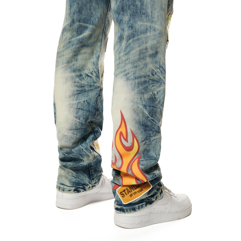 Smoke Rise Multi Embroidered Patched Retro Denim Jeans - Metro Blue