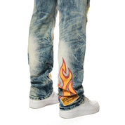 Smoke Rise Multi Embroidered Patched Retro Denim Jeans - Metro Blue