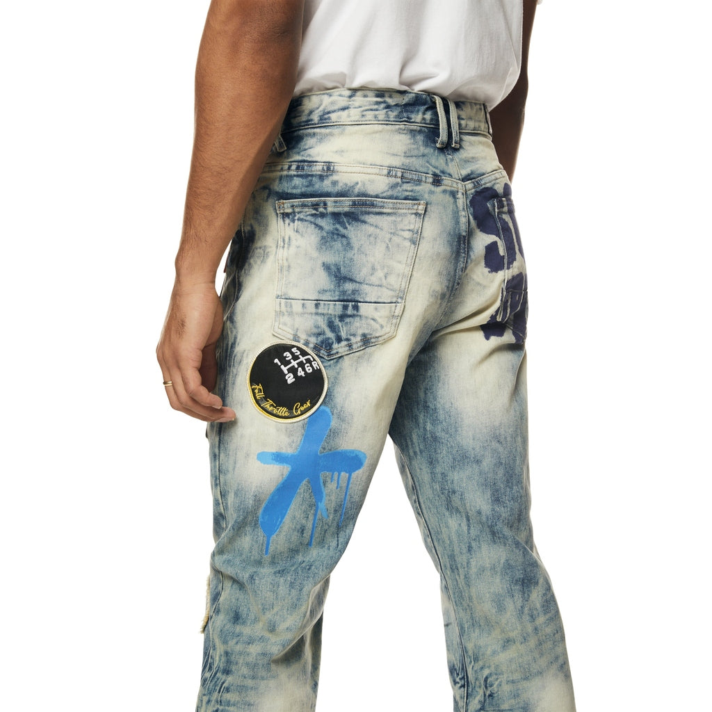 Smoke Rise Multi Embroidered Patched Retro Denim Jeans - Metro Blue