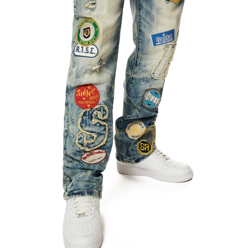 Smoke Rise Multi Embroidered Patched Retro Denim Jeans - Metro Blue