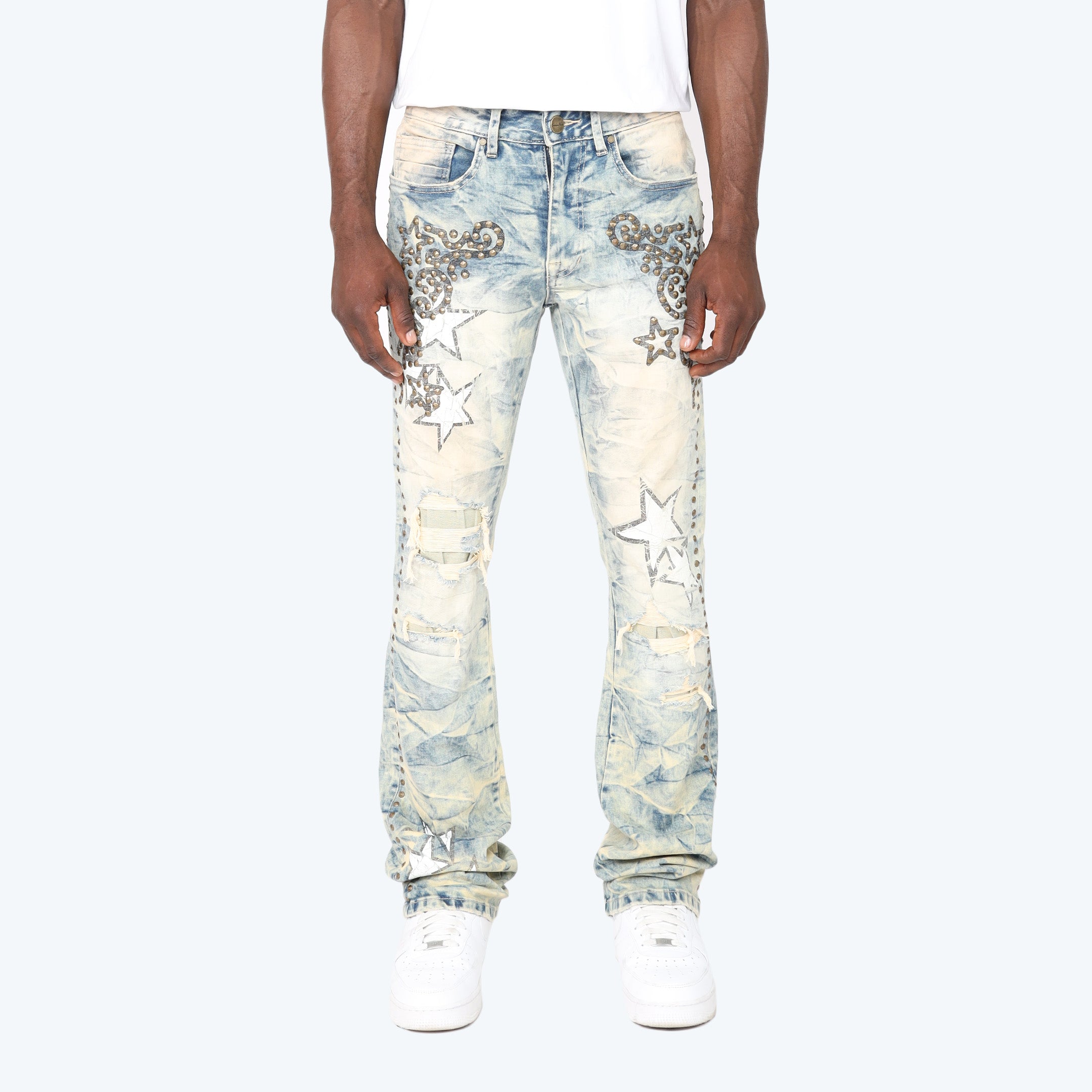 Stacked Flared Maximalist Studded R&R Jeans