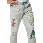 Smoke Rise Puff High Density Printed Stacked Denim Jeans - Ombre Blue