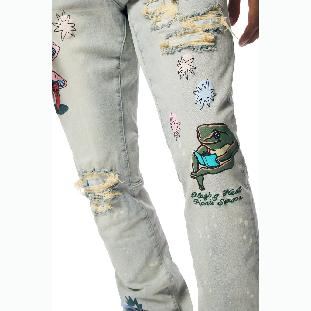 Smoke Rise Puff High Density Printed Stacked Denim Jeans - Ombre Blue