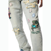 Smoke Rise Puff High Density Printed Stacked Denim Jeans - Ombre Blue