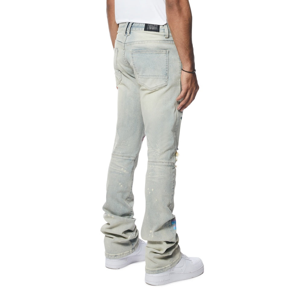 Smoke Rise Puff High Density Printed Stacked Denim Jeans - Ombre Blue