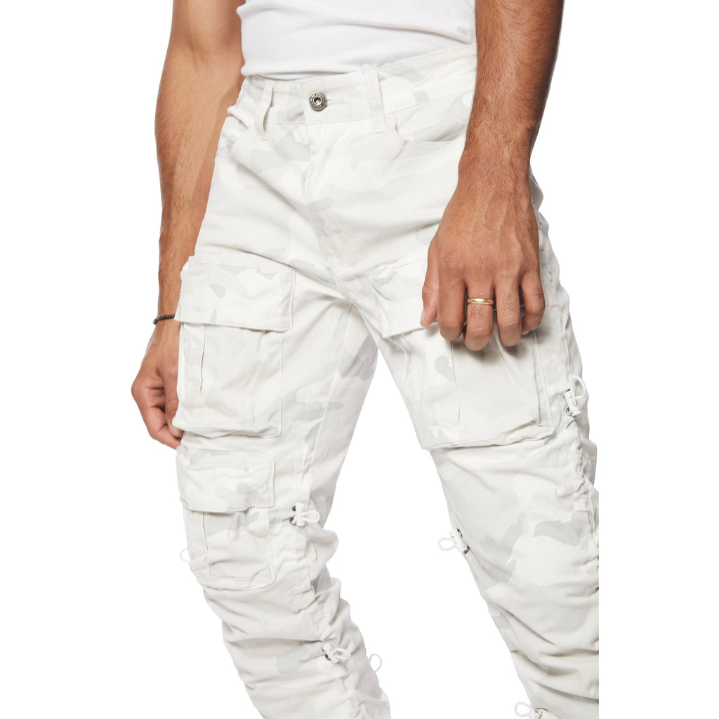 Lazy Stacked Flare Utility Bungee Twill Pants - White Camo