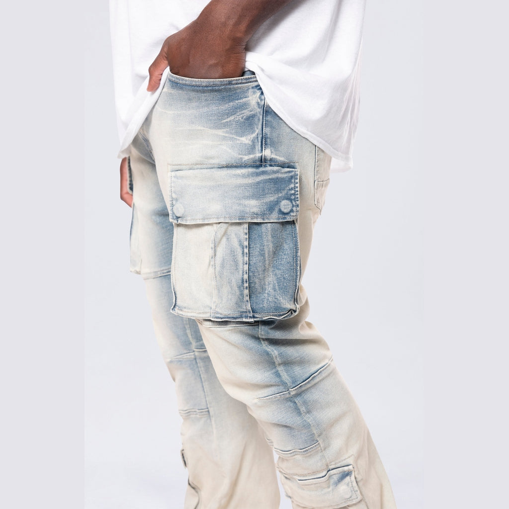 Smoke Rise Big and Tall Big and Tall - Stacked Utility Multi Pocket Cargo Jeans - Ombre Blue