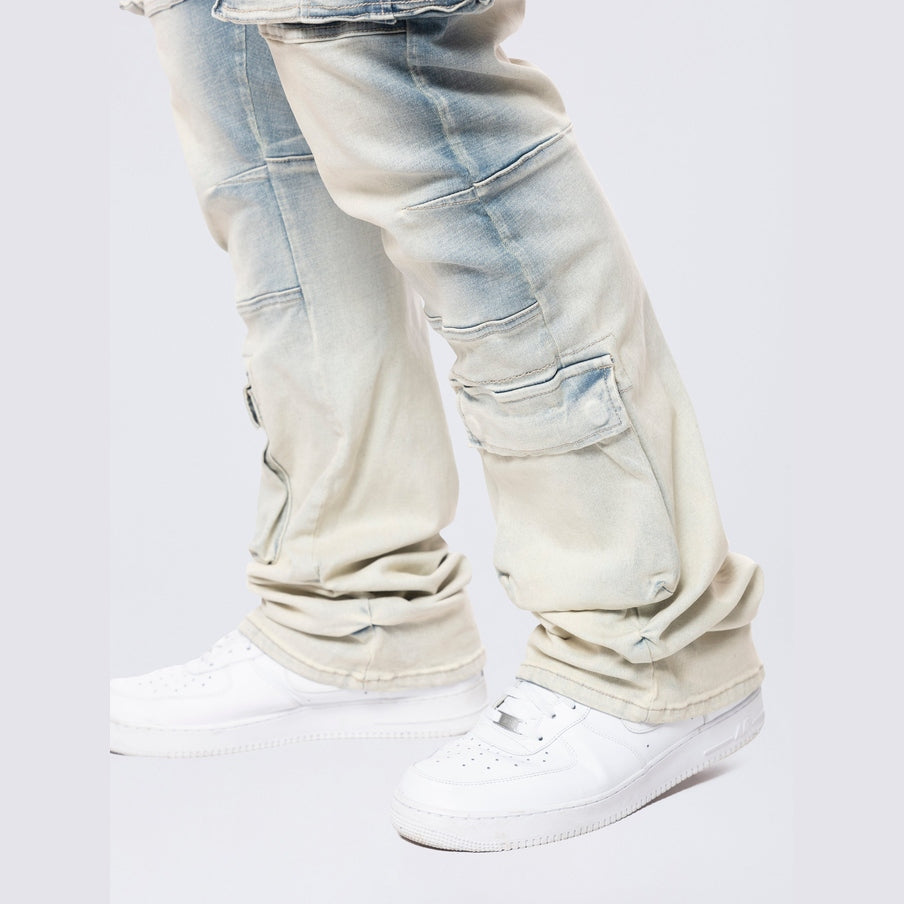 Smoke Rise Big and Tall Big and Tall - Stacked Utility Multi Pocket Cargo Jeans - Ombre Blue