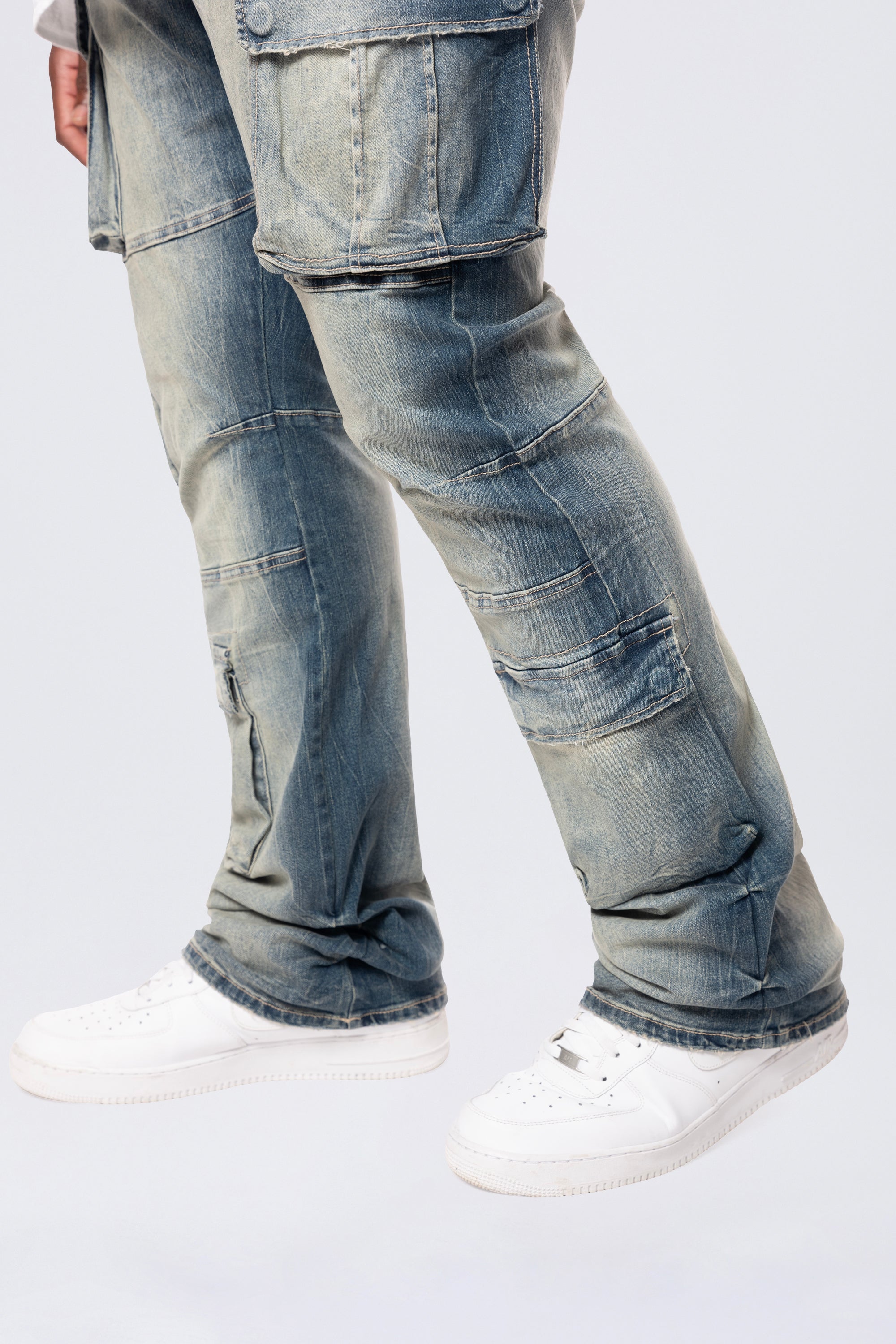 Big and Tall - Stacked Utility Multi Pocket Cargo Jeans - Village Blue