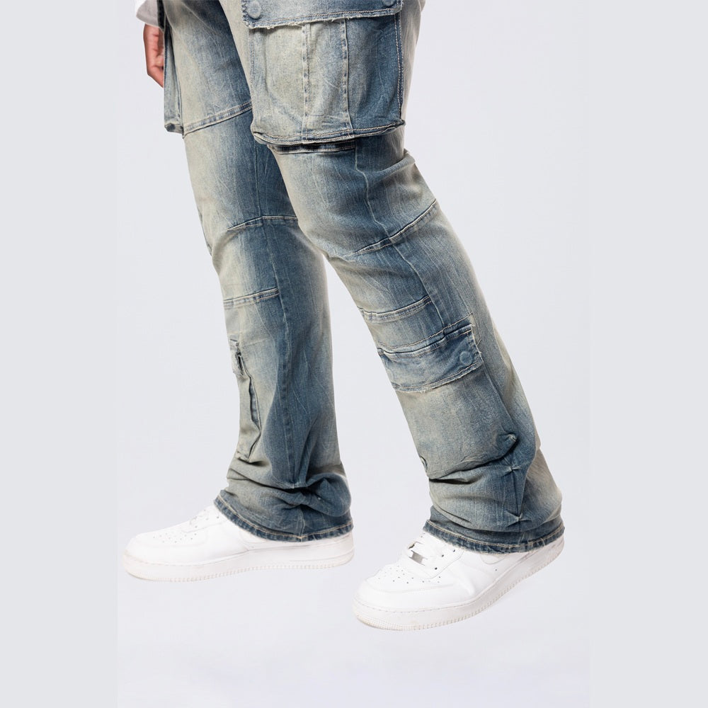 Big and Tall - Stacked Utility Multi Pocket Cargo Jeans - Village Blue
