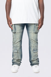 Big and Tall - Stacked Utility Multi Pocket Cargo Jeans - Village Blue