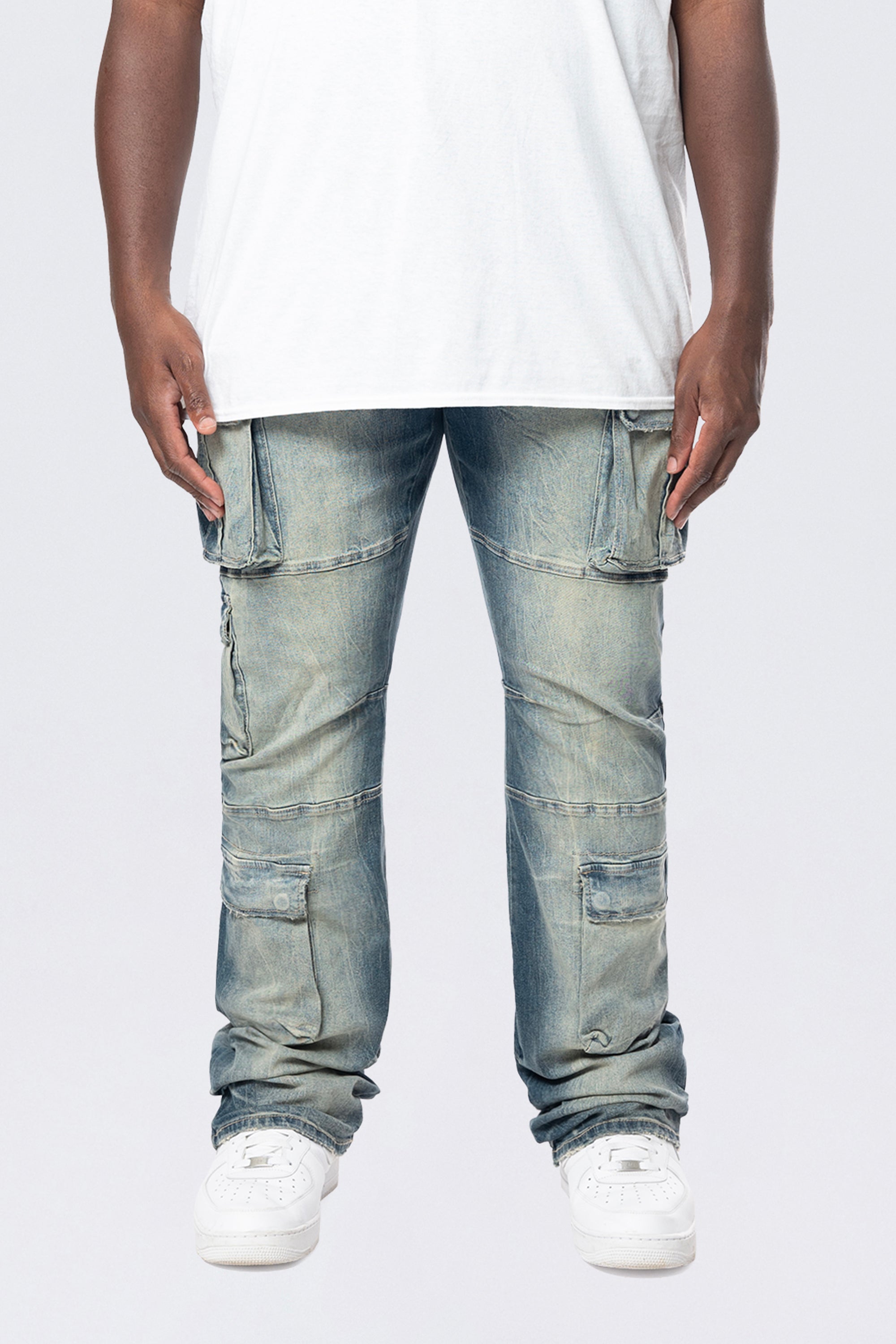 Big and Tall - Stacked Utility Multi Pocket Cargo Jeans - Village Blue