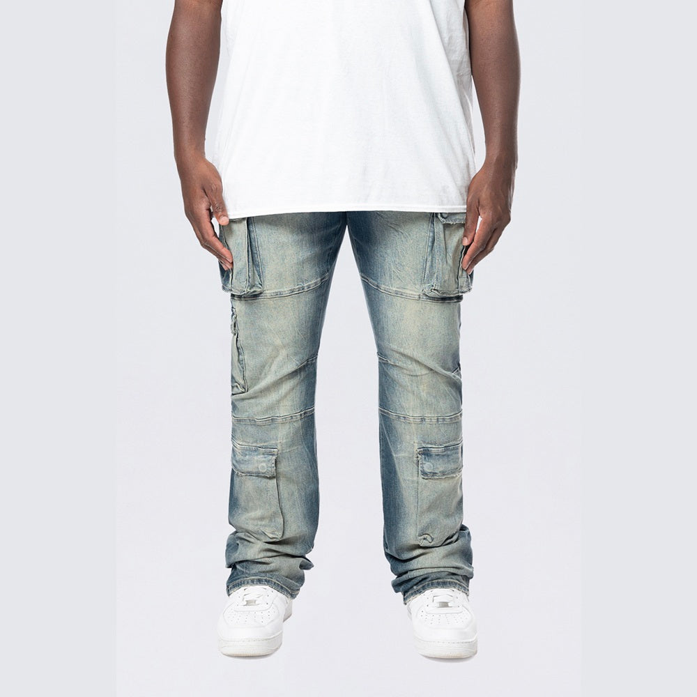 Big and Tall - Stacked Utility Multi Pocket Cargo Jeans - Village Blue