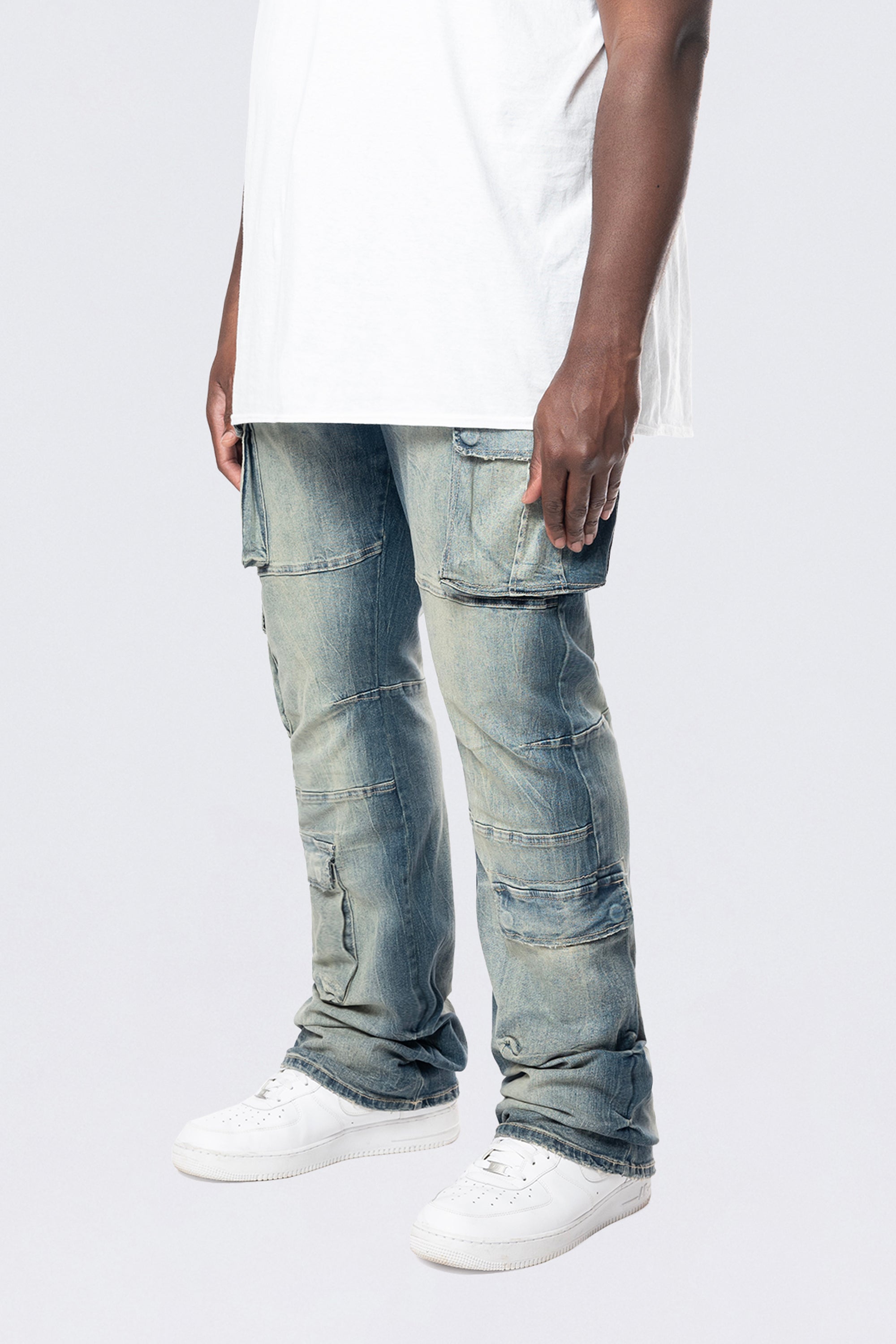 Big and Tall - Stacked Utility Multi Pocket Cargo Jeans - Village Blue