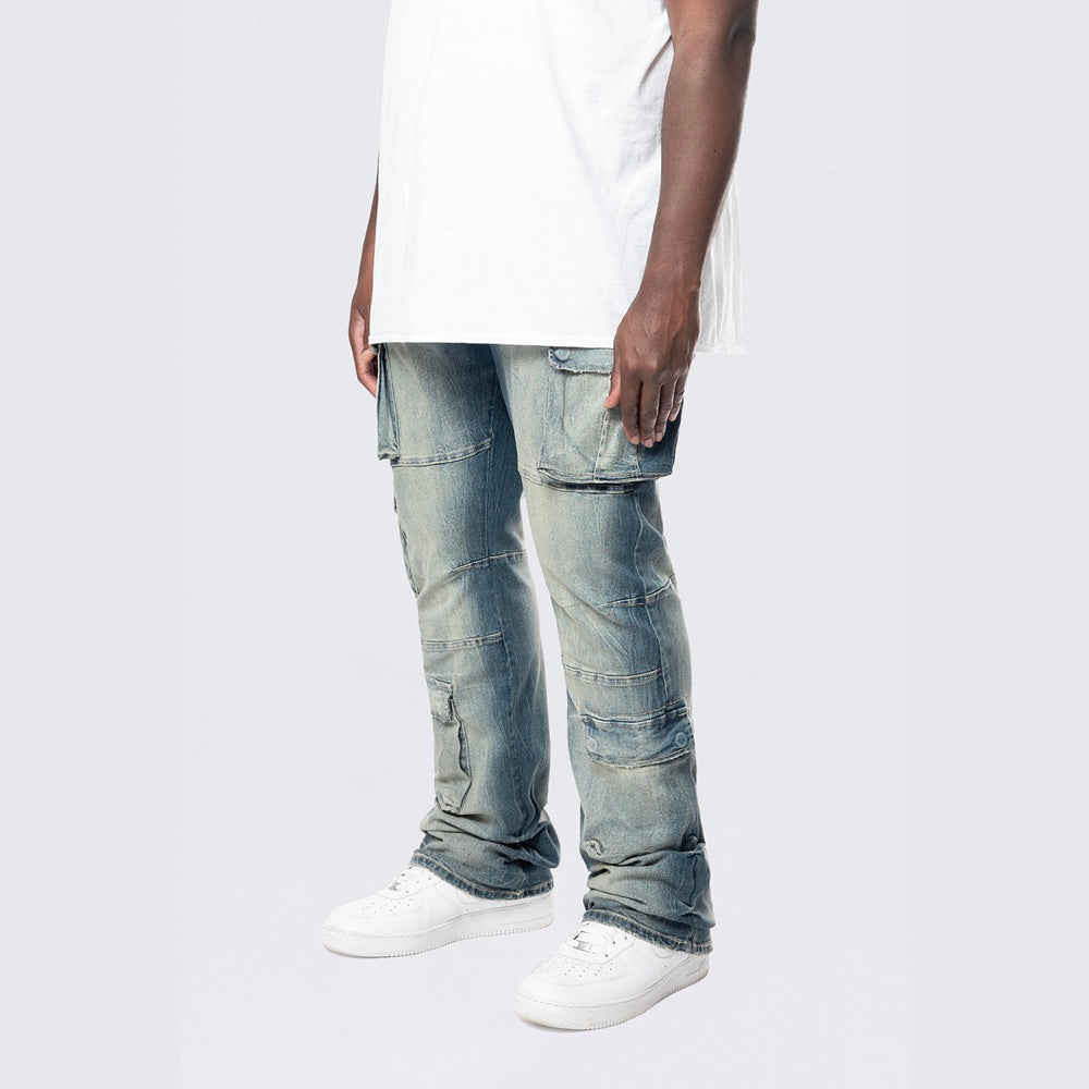 Big and Tall - Stacked Utility Multi Pocket Cargo Jeans - Village Blue