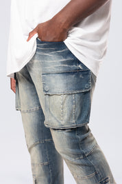 Big and Tall - Stacked Utility Multi Pocket Cargo Jeans - Village Blue