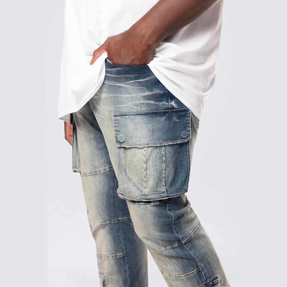 Big and Tall - Stacked Utility Multi Pocket Cargo Jeans - Village Blue