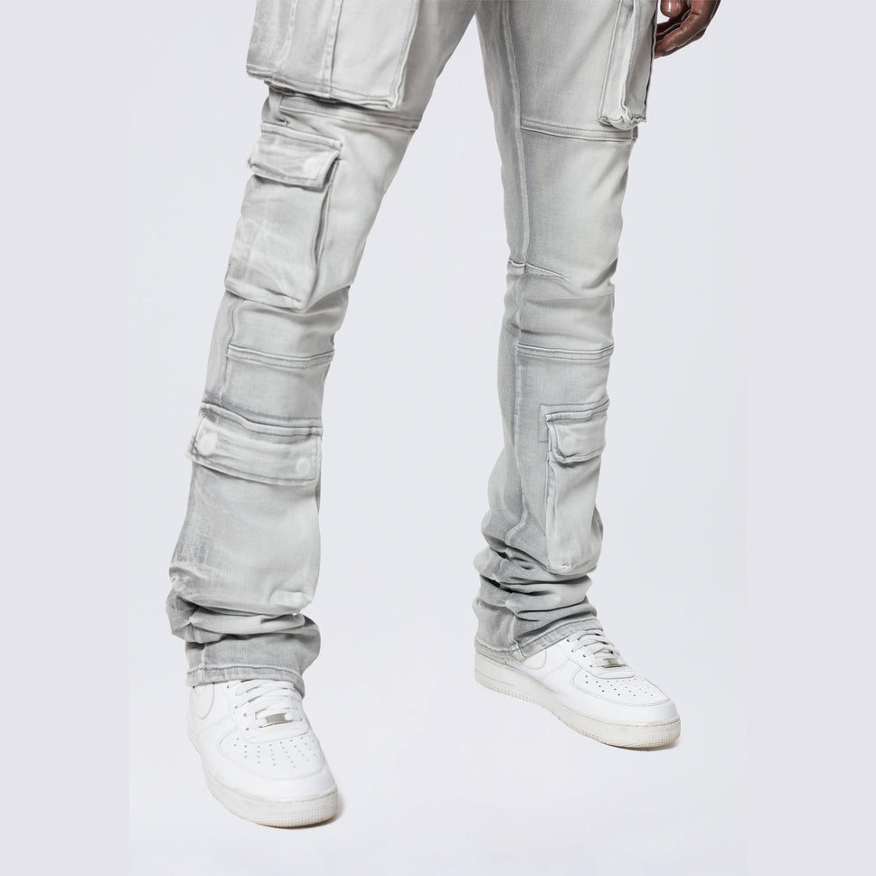 Smoke Rise Stacked Utility Multi Pocket Cargo Jeans - Breezy Grey