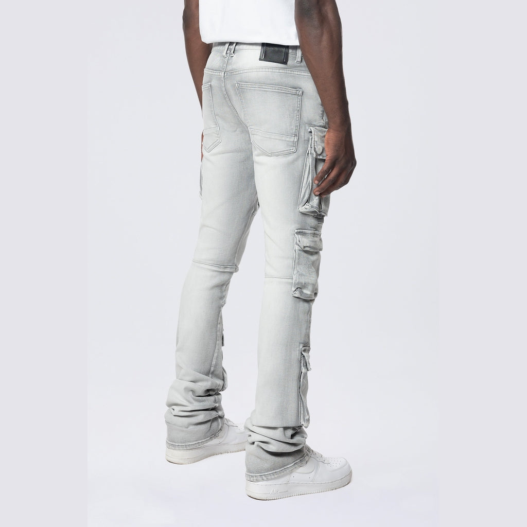 Smoke Rise Stacked Utility Multi Pocket Cargo Jeans - Breezy Grey