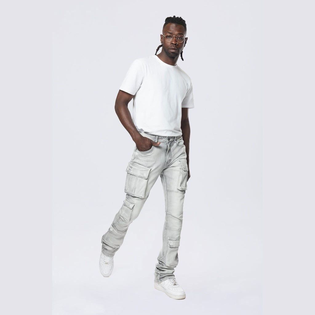 Smoke Rise Stacked Utility Multi Pocket Cargo Jeans - Breezy Grey