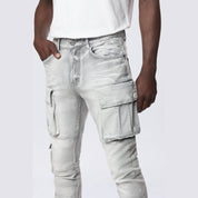 Smoke Rise Stacked Utility Multi Pocket Cargo Jeans - Breezy Grey