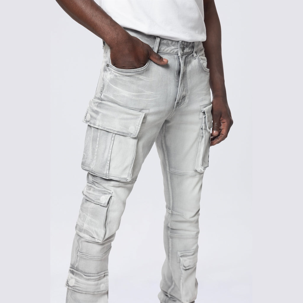 Smoke Rise Stacked Utility Multi Pocket Cargo Jeans - Breezy Grey