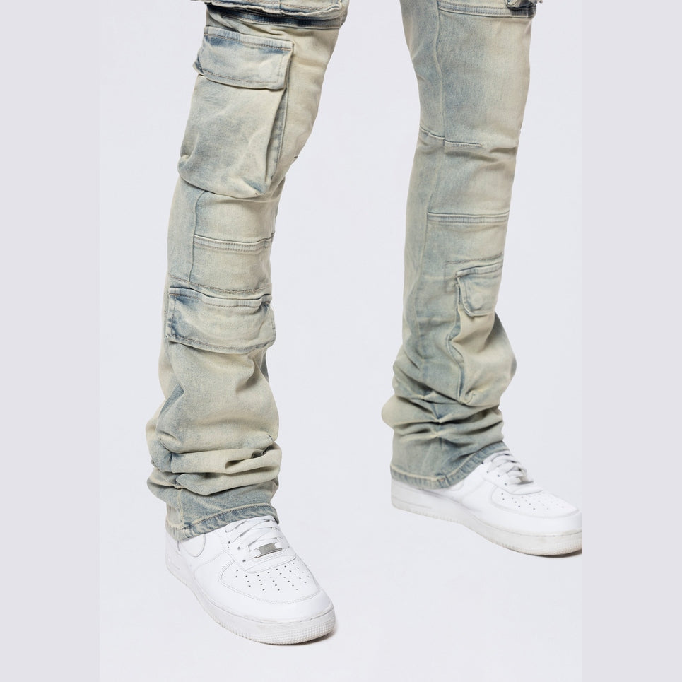 Smoke Rise Stacked Utility Multi Pocket Cargo Jeans - Industrial Blue