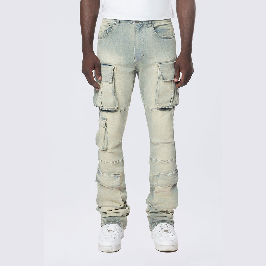 Smoke Rise Stacked Utility Multi Pocket Cargo Jeans - Industrial Blue