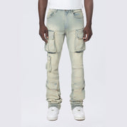 Smoke Rise Stacked Utility Multi Pocket Cargo Jeans - Industrial Blue