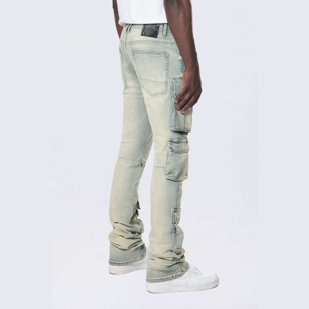 Smoke Rise Stacked Utility Multi Pocket Cargo Jeans - Industrial Blue