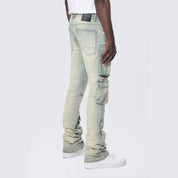 Smoke Rise Stacked Utility Multi Pocket Cargo Jeans - Industrial Blue