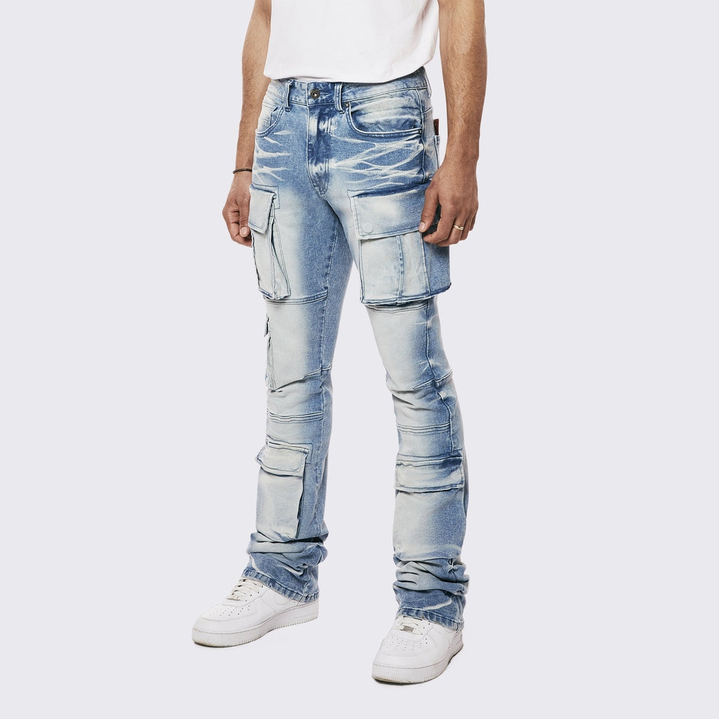 Smoke Rise Utility Multi Pocket Stacked Denim Jeans - Lowell Blue