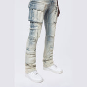 Smoke Rise Stacked Utility Multi Pocket Cargo Jeans - Ombre Blue