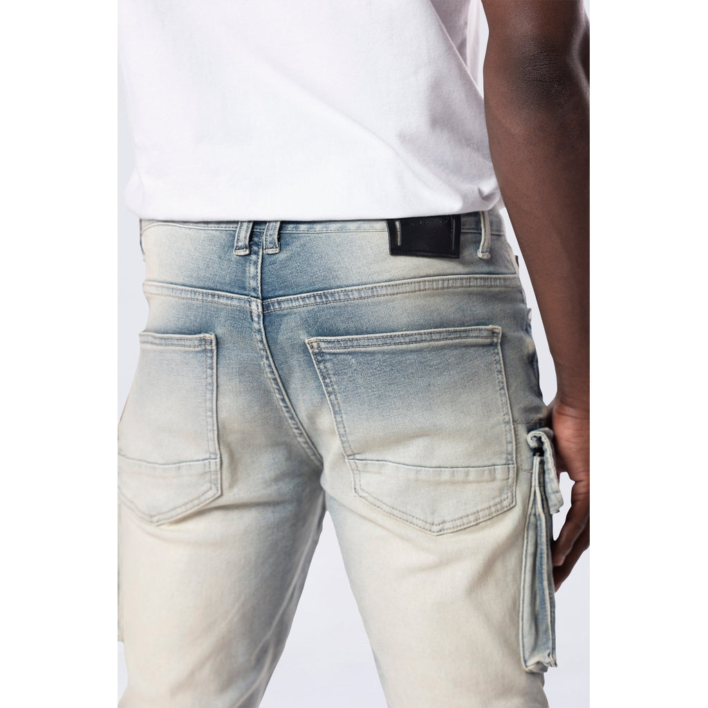 Smoke Rise Stacked Utility Multi Pocket Cargo Jeans - Ombre Blue