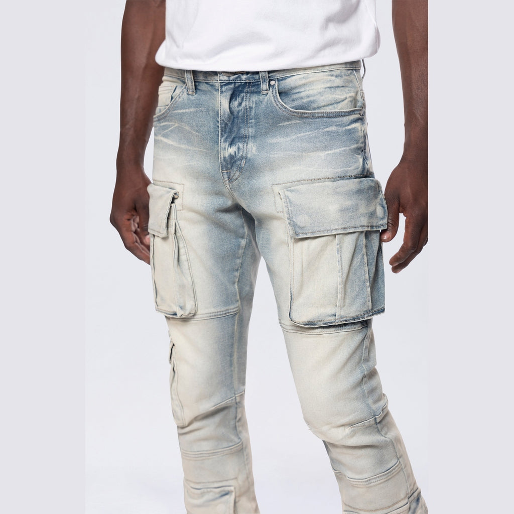 Smoke Rise Stacked Utility Multi Pocket Cargo Jeans - Ombre Blue