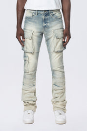Stacked Utility Multi Pocket Cargo Jeans - Ombre Blue