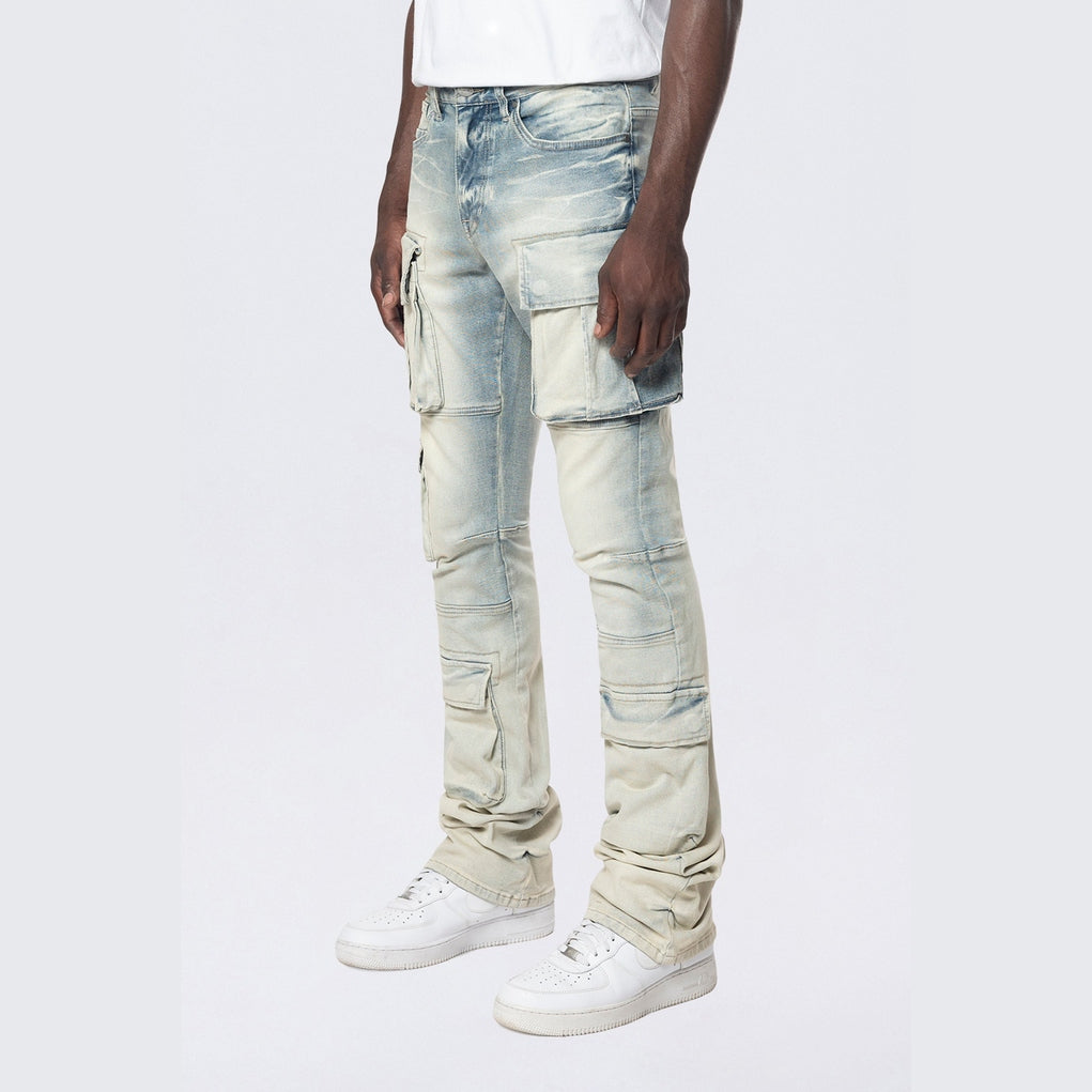 Smoke Rise Stacked Utility Multi Pocket Cargo Jeans - Ombre Blue