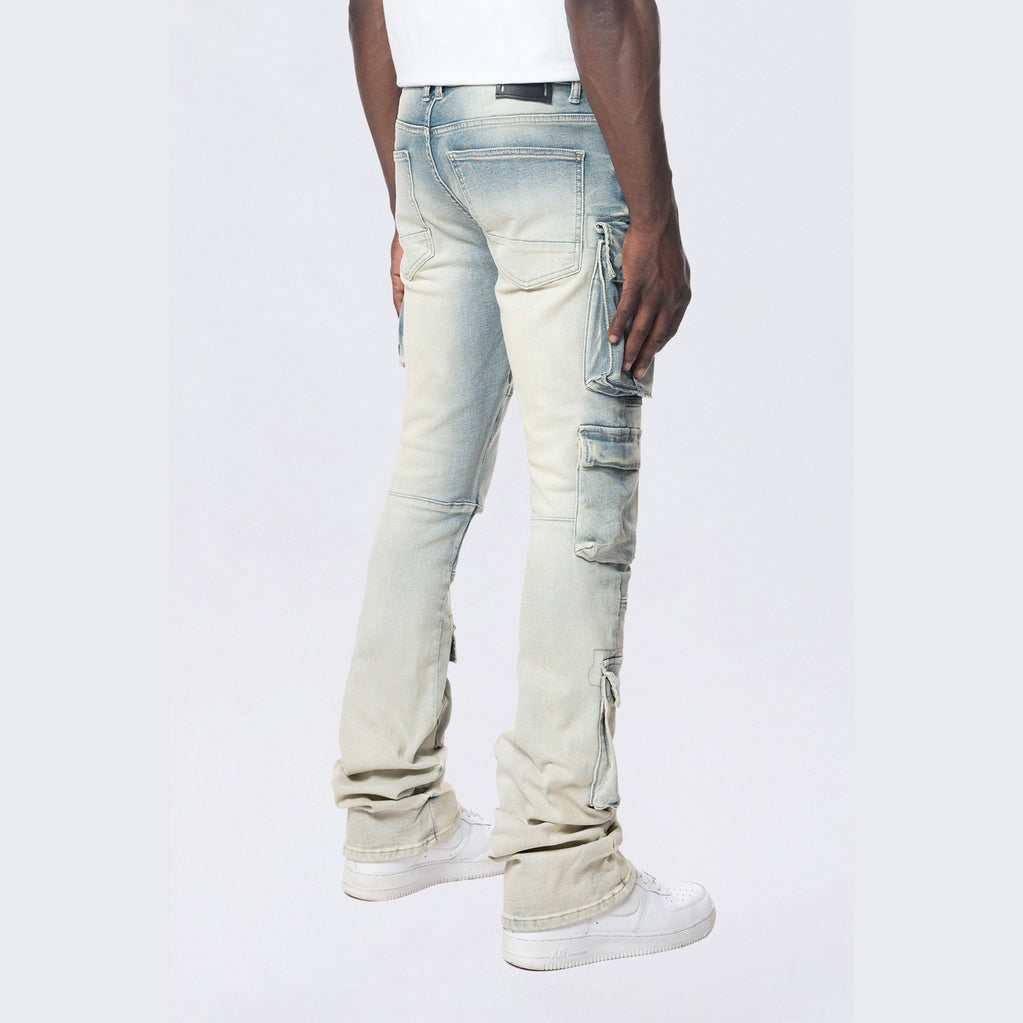 Smoke Rise Stacked Utility Multi Pocket Cargo Jeans - Ombre Blue