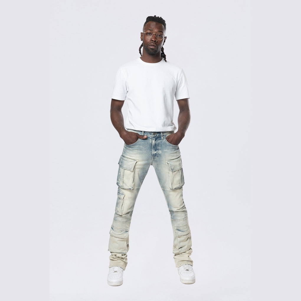 Smoke Rise Stacked Utility Multi Pocket Cargo Jeans - Ombre Blue