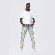 Smoke Rise Stacked Utility Multi Pocket Cargo Jeans - Ombre Blue