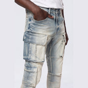 Smoke Rise Stacked Utility Multi Pocket Cargo Jeans - Ombre Blue