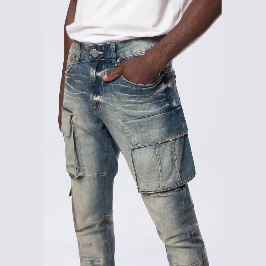 Smoke Rise Stacked Utility Multi Pocket Cargo Jeans - Village Blue