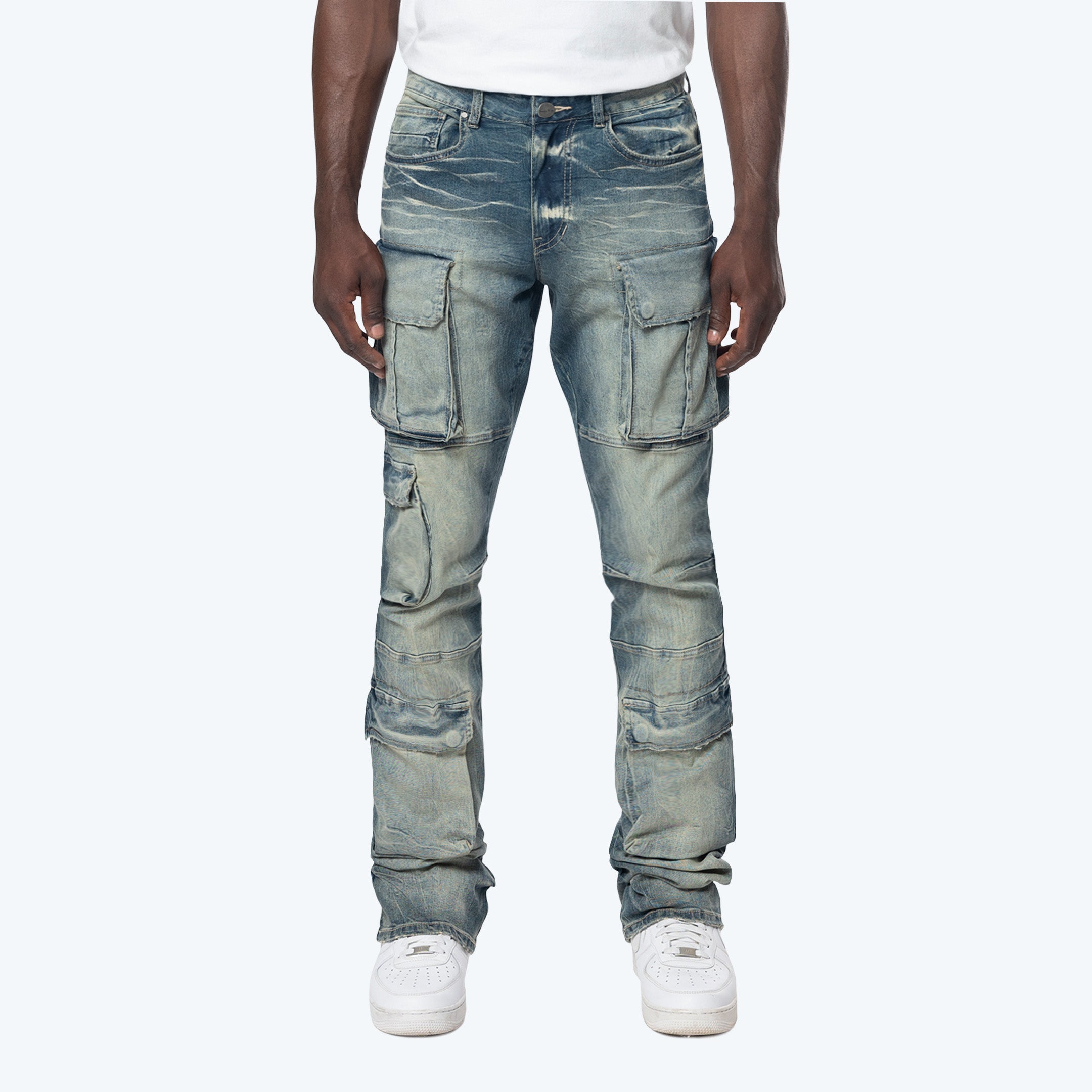 Stacked Utility Multi Pocket Cargo Jeans - Village Blue