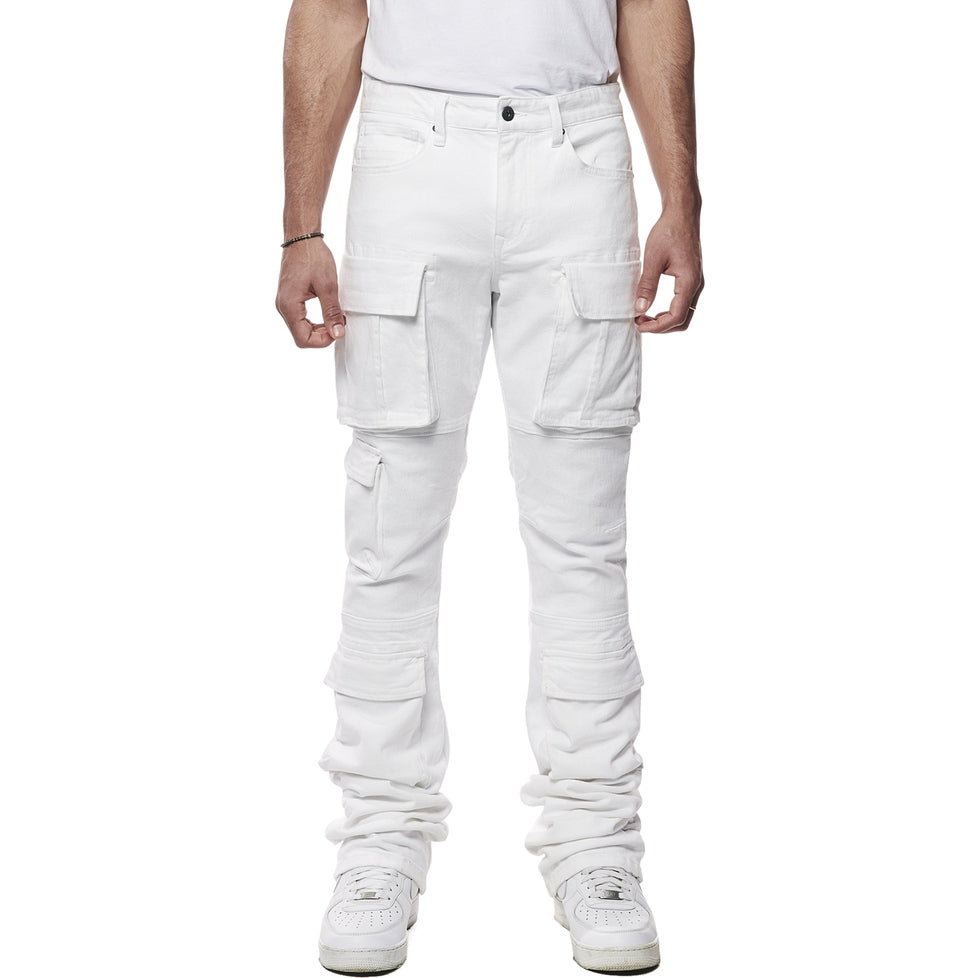 Smoke Rise Utility Multi Pocket Stacked Denim Jeans - White