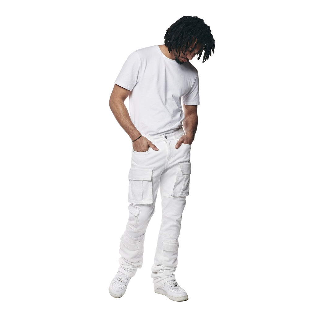 Smoke Rise Utility Multi Pocket Stacked Denim Jeans - White