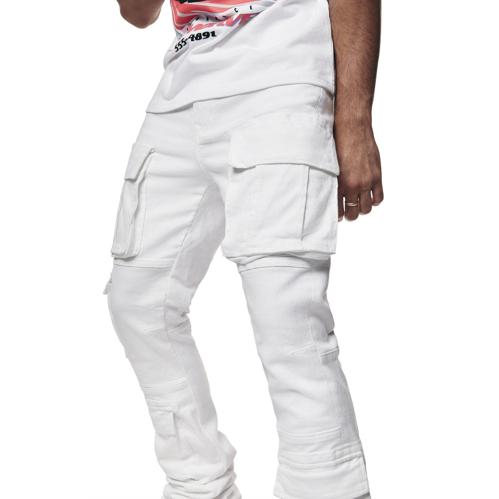 Smoke Rise Utility Multi Pocket Stacked Denim Jeans - White