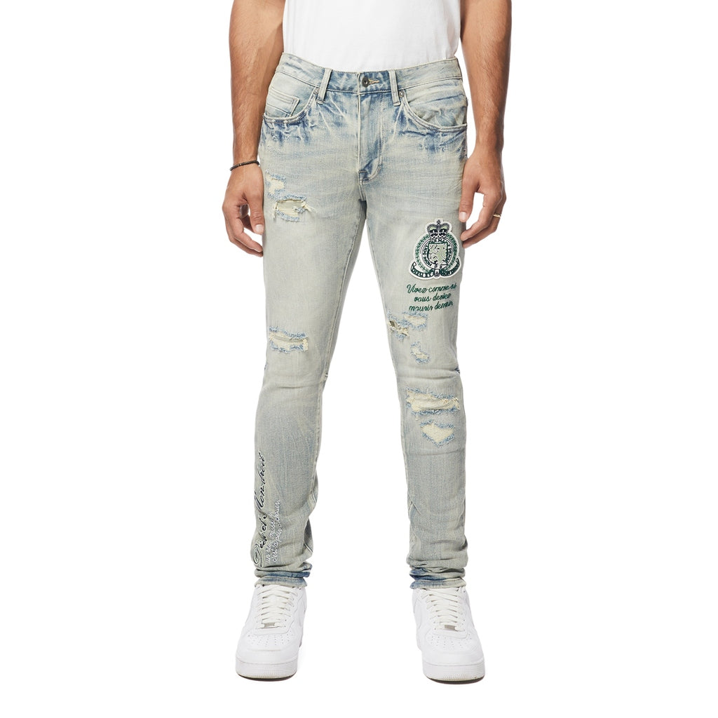 Smoke Rise Preppy Crest Embroidered Slim Tapered Denim Jeans - Cascade Blue