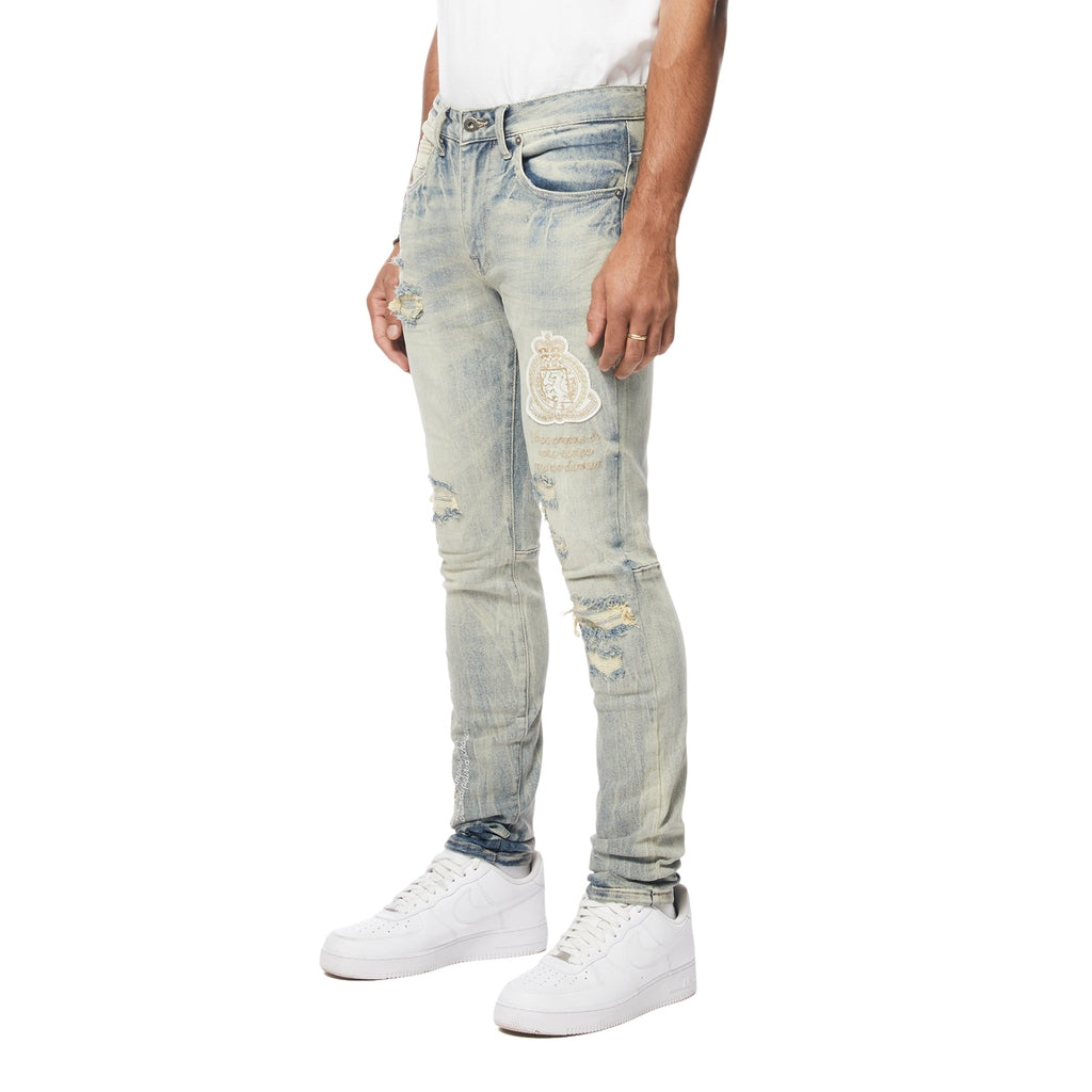 Smoke Rise Preppy Crest Embroidered Slim Tapered Denim Jeans - Industrial Blue